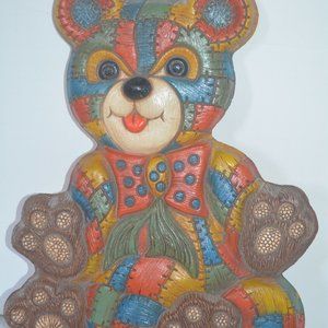 Vintage Foam Craft Wall Decor Patchwork Teddy Bear 1979 MCM Hanging Plaque 12.5"